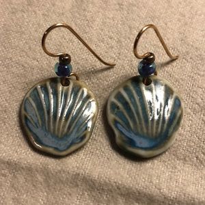 Hand made clay shell wire earrings with fish plate